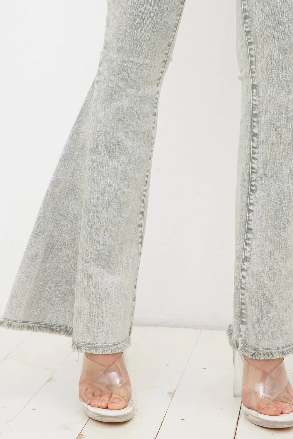 17347P - Garment Washed Vintage Distressed Bell Sleeve Denim: LIGHT OLIVE