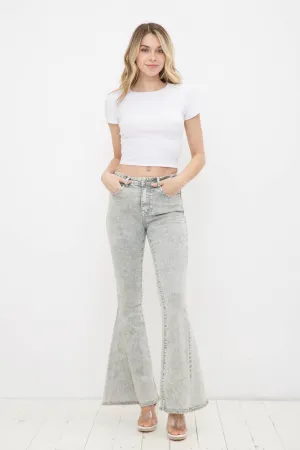17347P - Garment Washed Vintage Distressed Bell Sleeve Denim: LIGHT OLIVE