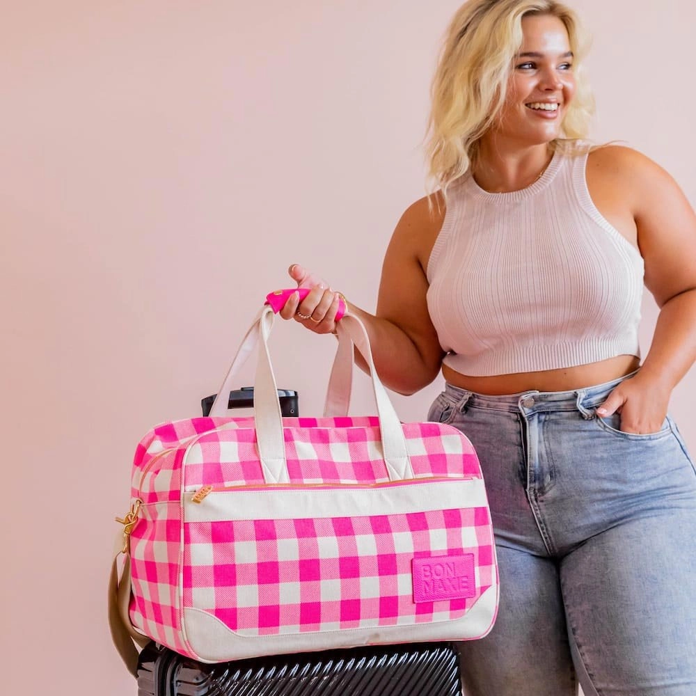 Bon Voyage Weekender Bag -- Neon Pink Gingham