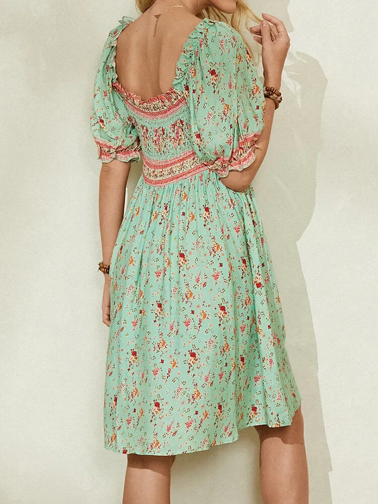 Ditsy Floral Print Shirred Detail Half Sleeve Vintage Women Midi Dress