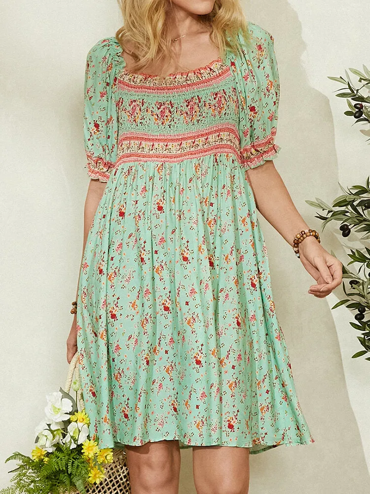 Ditsy Floral Print Shirred Detail Half Sleeve Vintage Women Midi Dress