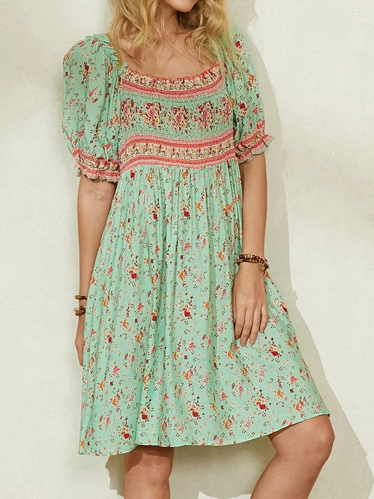 Ditsy Floral Print Shirred Detail Half Sleeve Vintage Women Midi Dress