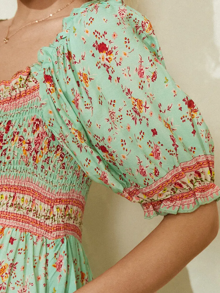 Ditsy Floral Print Shirred Detail Half Sleeve Vintage Women Midi Dress