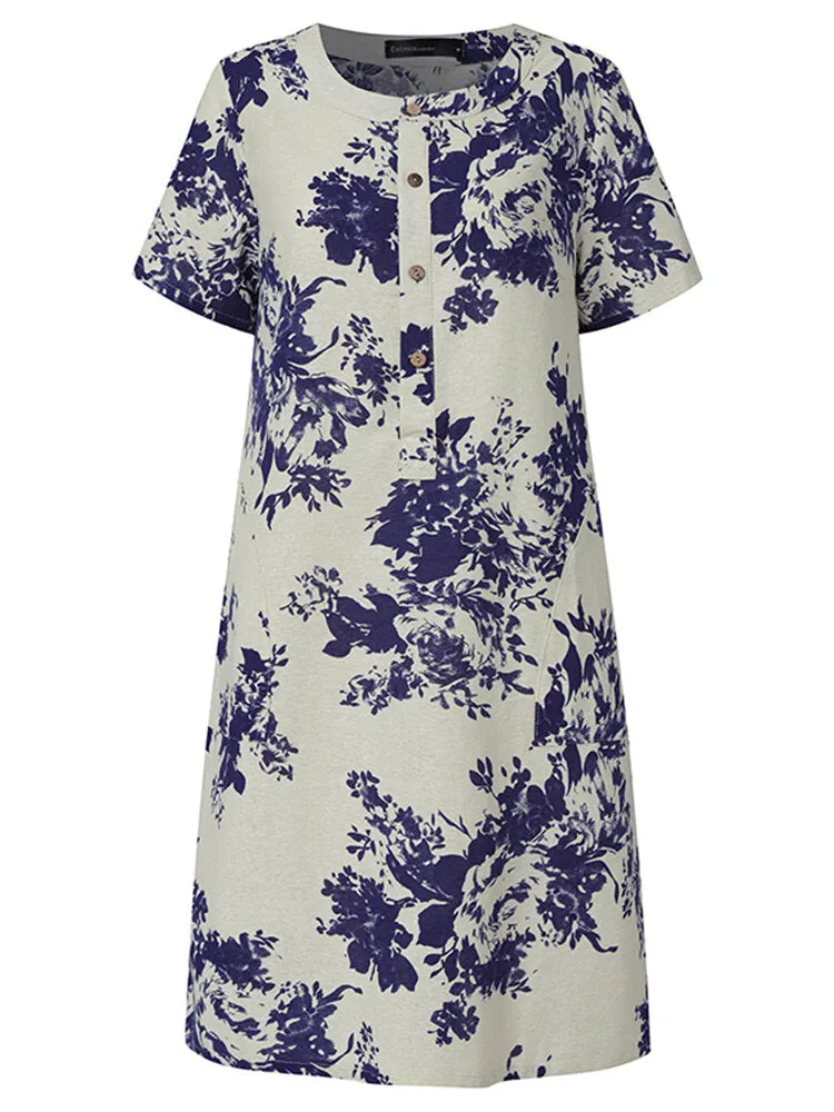 Ethnic Style Floral Print Short Sleeve Half Button Front Vintage Women Midi Dress