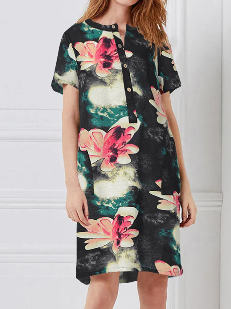 Ethnic Style Floral Print Short Sleeve Half Button Front Vintage Women Midi Dress