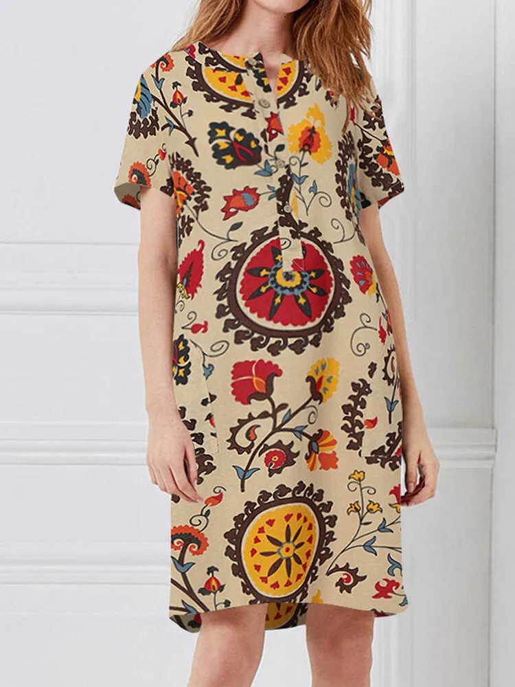 Ethnic Style Floral Print Short Sleeve Half Button Front Vintage Women Midi Dress