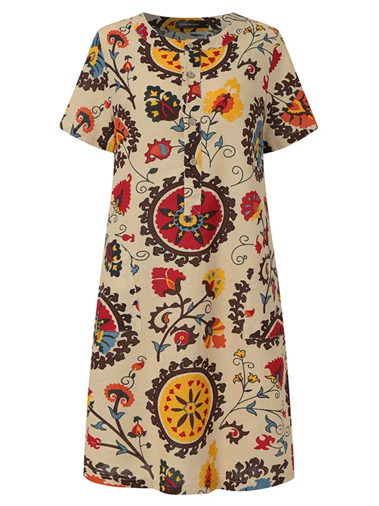 Ethnic Style Floral Print Short Sleeve Half Button Front Vintage Women Midi Dress