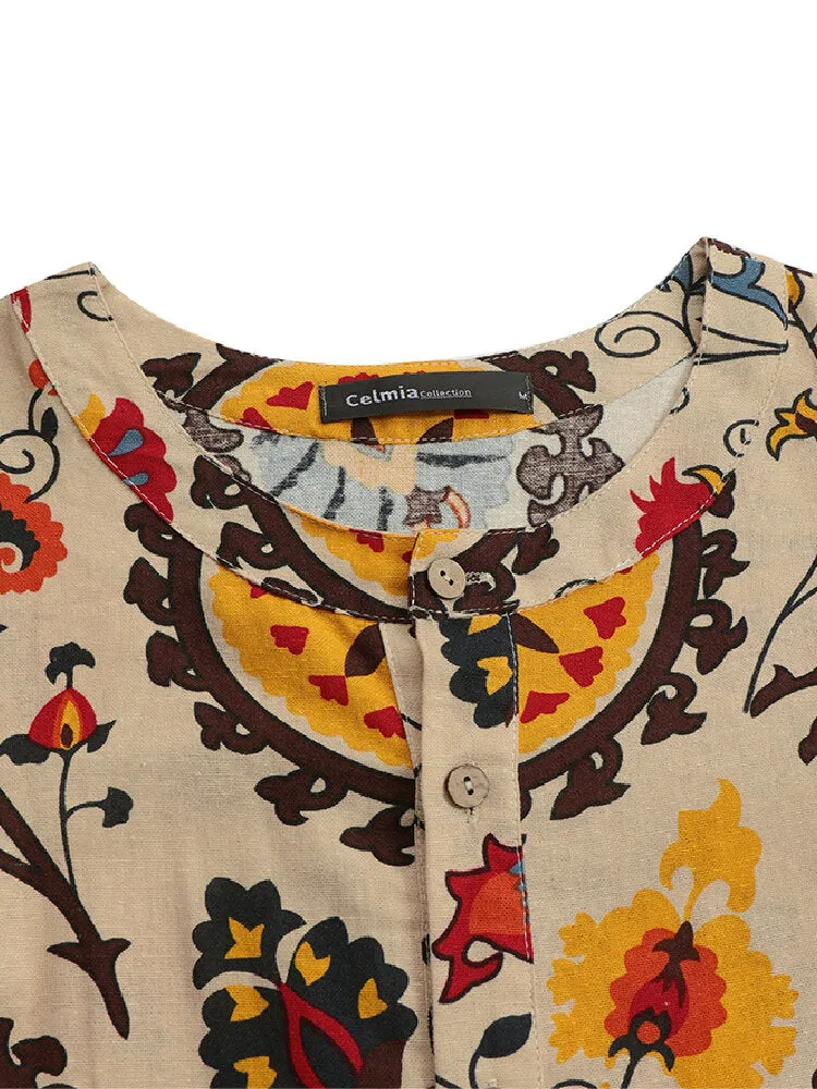 Ethnic Style Floral Print Short Sleeve Half Button Front Vintage Women Midi Dress