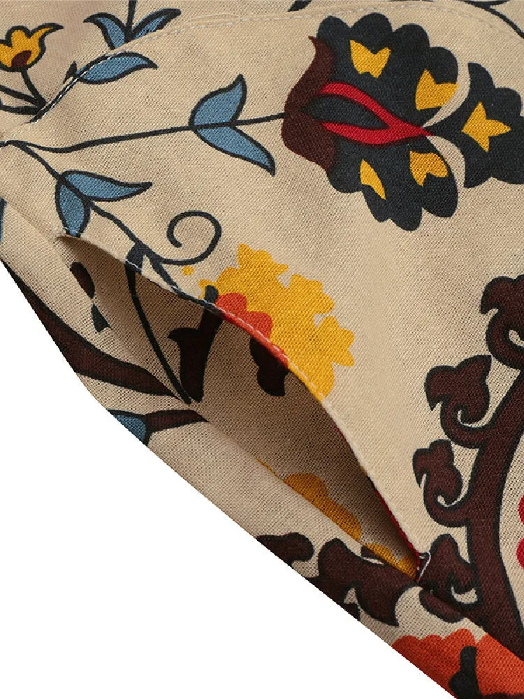 Ethnic Style Floral Print Short Sleeve Half Button Front Vintage Women Midi Dress