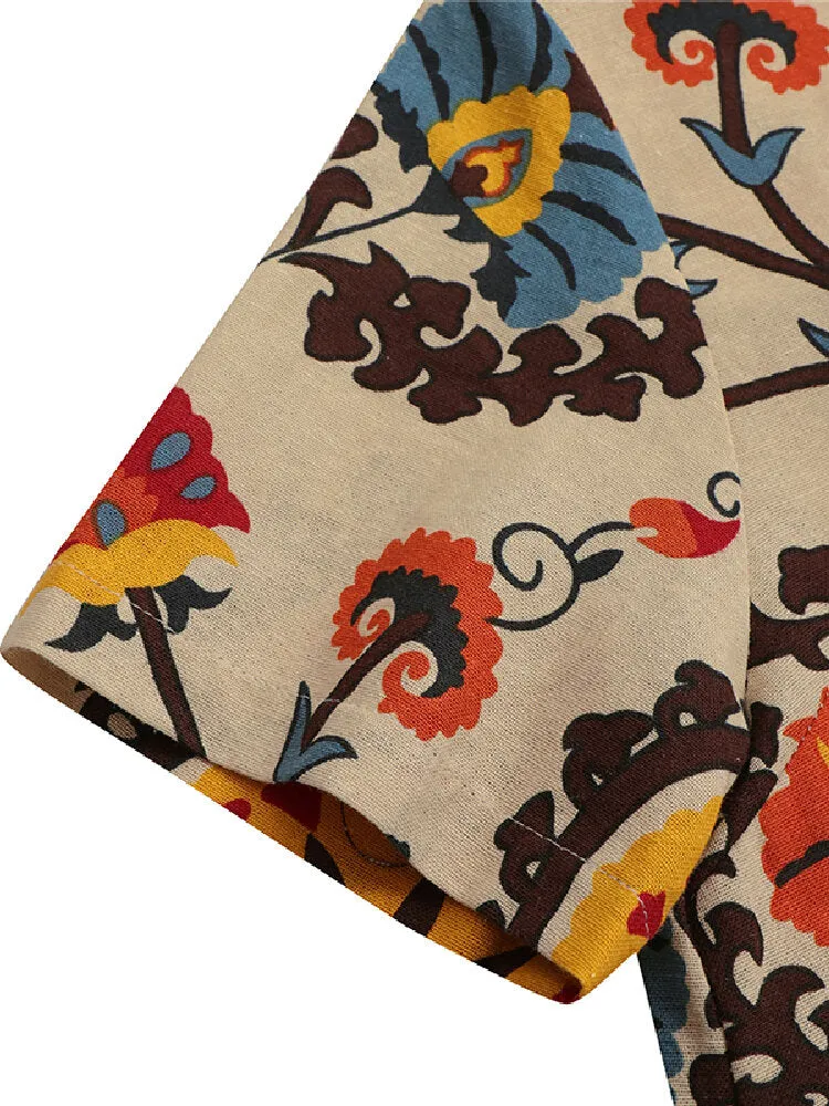 Ethnic Style Floral Print Short Sleeve Half Button Front Vintage Women Midi Dress