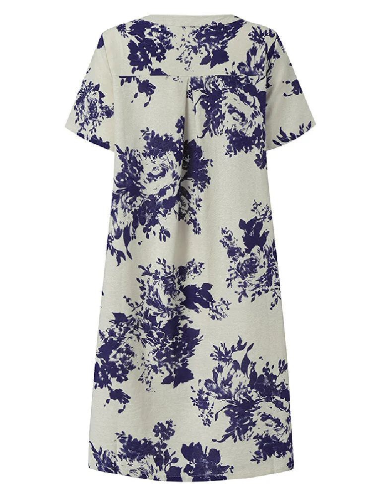 Ethnic Style Floral Print Short Sleeve Half Button Front Vintage Women Midi Dress