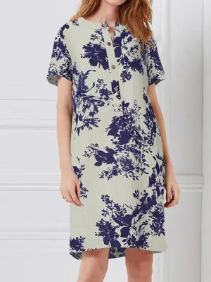 Ethnic Style Floral Print Short Sleeve Half Button Front Vintage Women Midi Dress