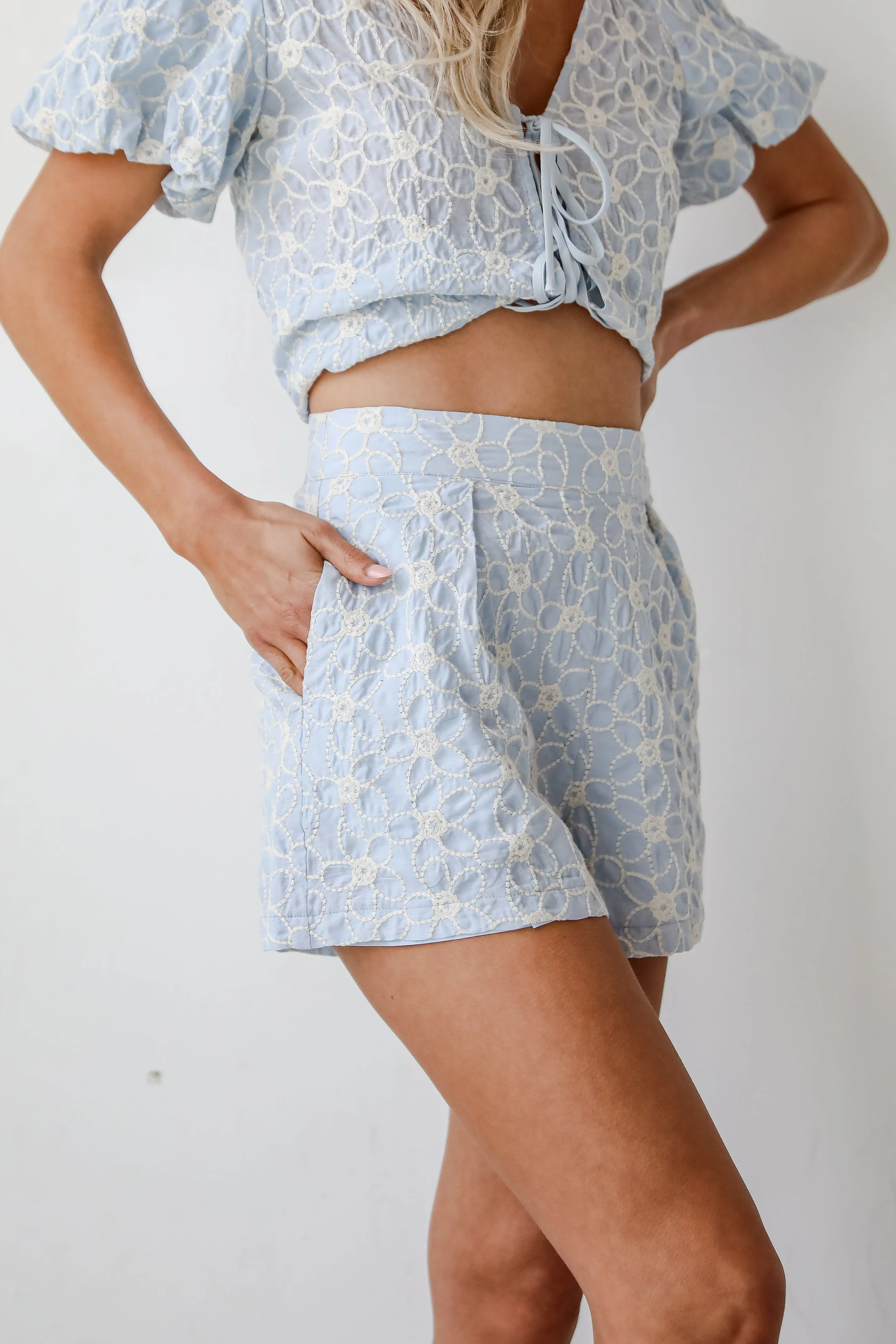 Feeling Dreamy Light Blue Floral Embroidered Shorts