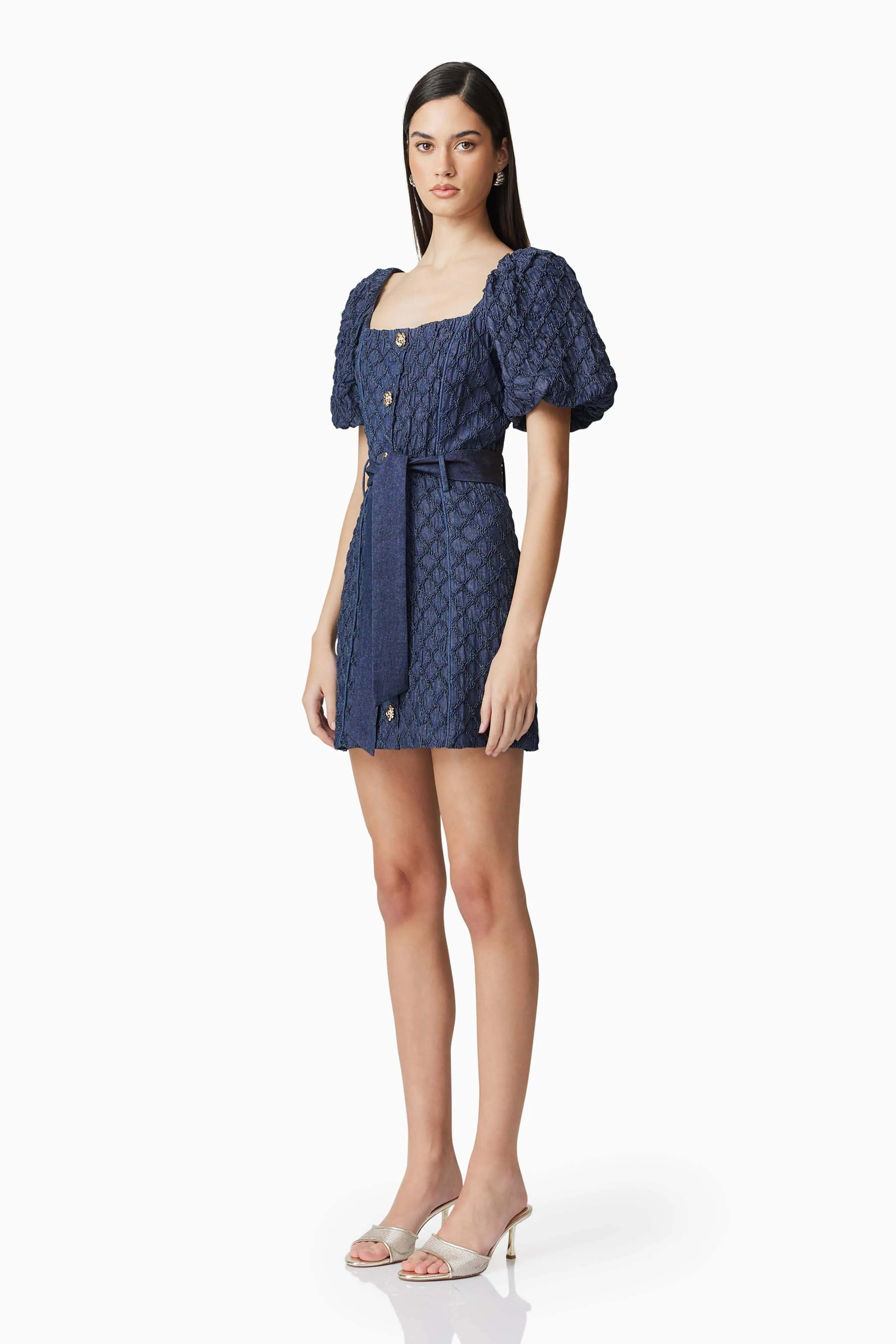 Keeley Puff Sleeve Mini Dress in Blue