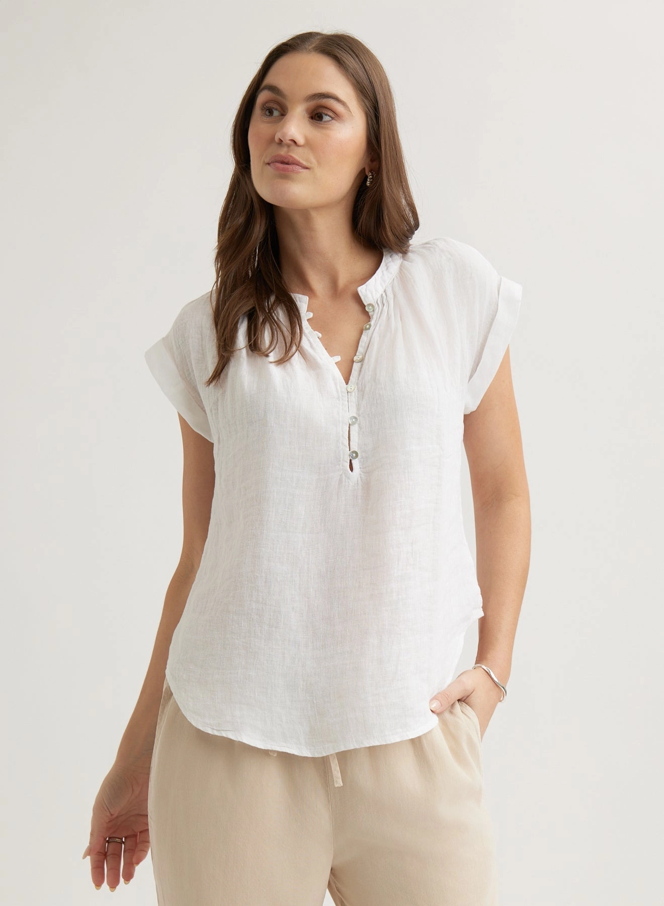 Linen Cap Sleeve Pullover - White
