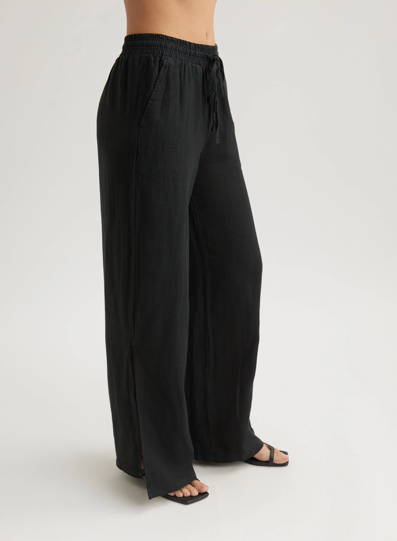 Linen Side Slit Wide Leg Pant - Black