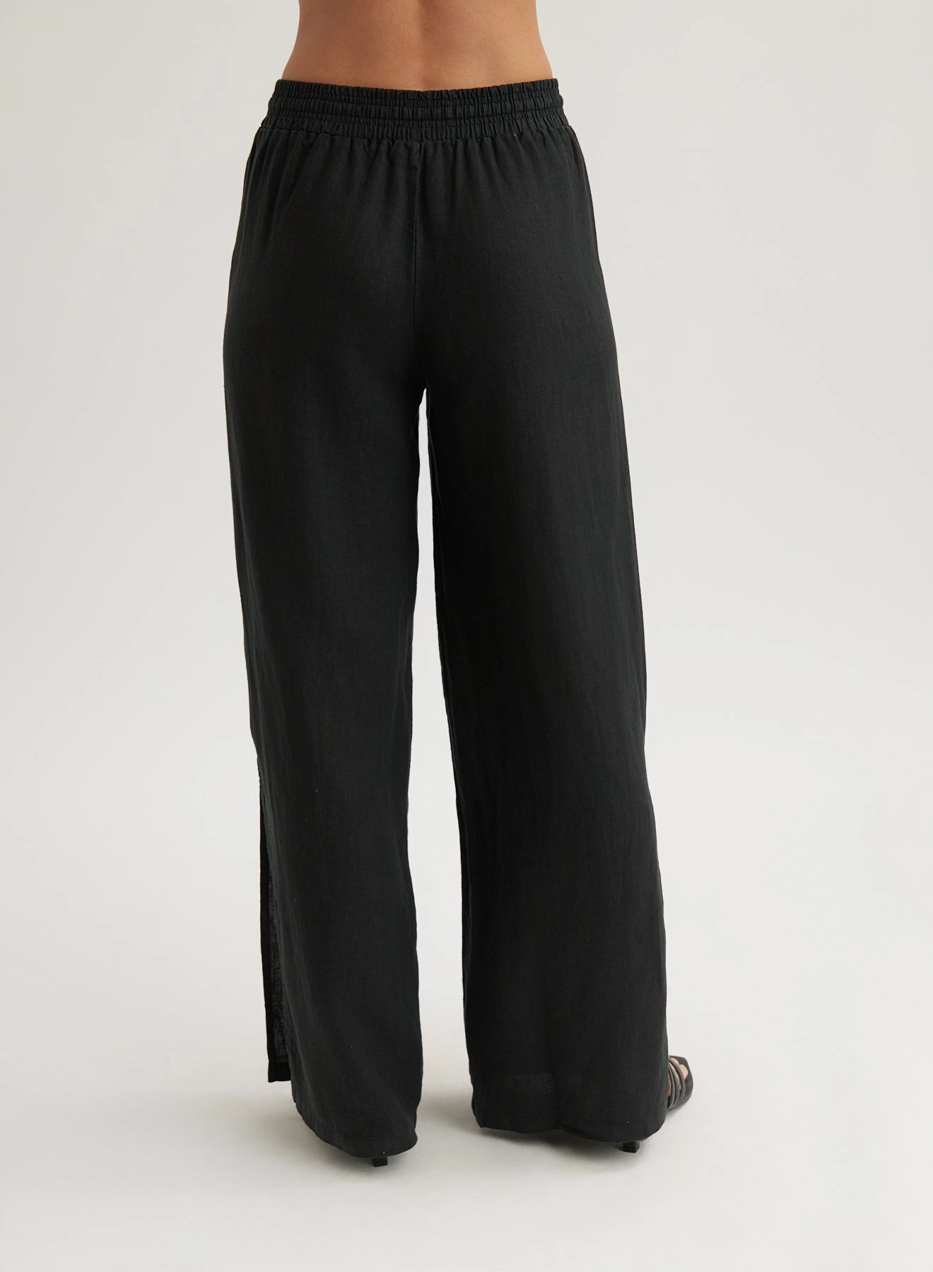 Linen Side Slit Wide Leg Pant - Black