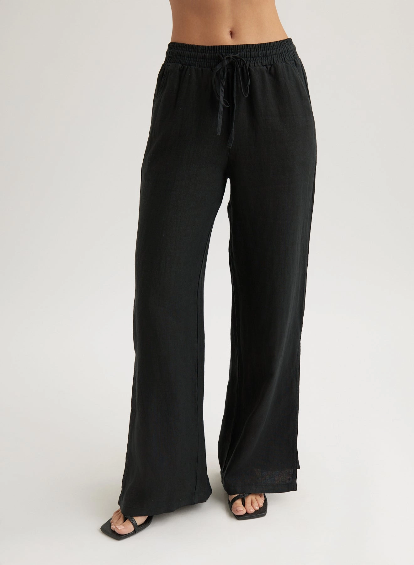 Linen Side Slit Wide Leg Pant - Black