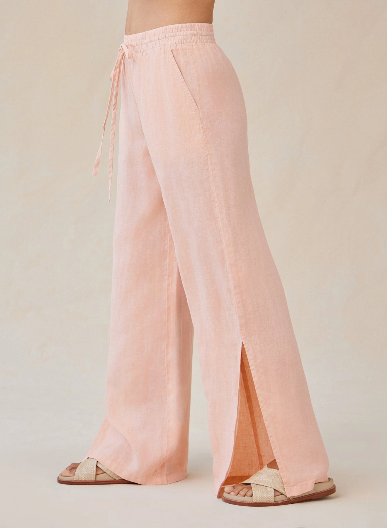 Linen Side Slit Wide Leg Pant - Peach Fizz
