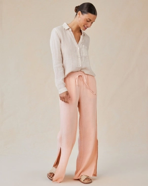 Linen Side Slit Wide Leg Pant - Peach Fizz