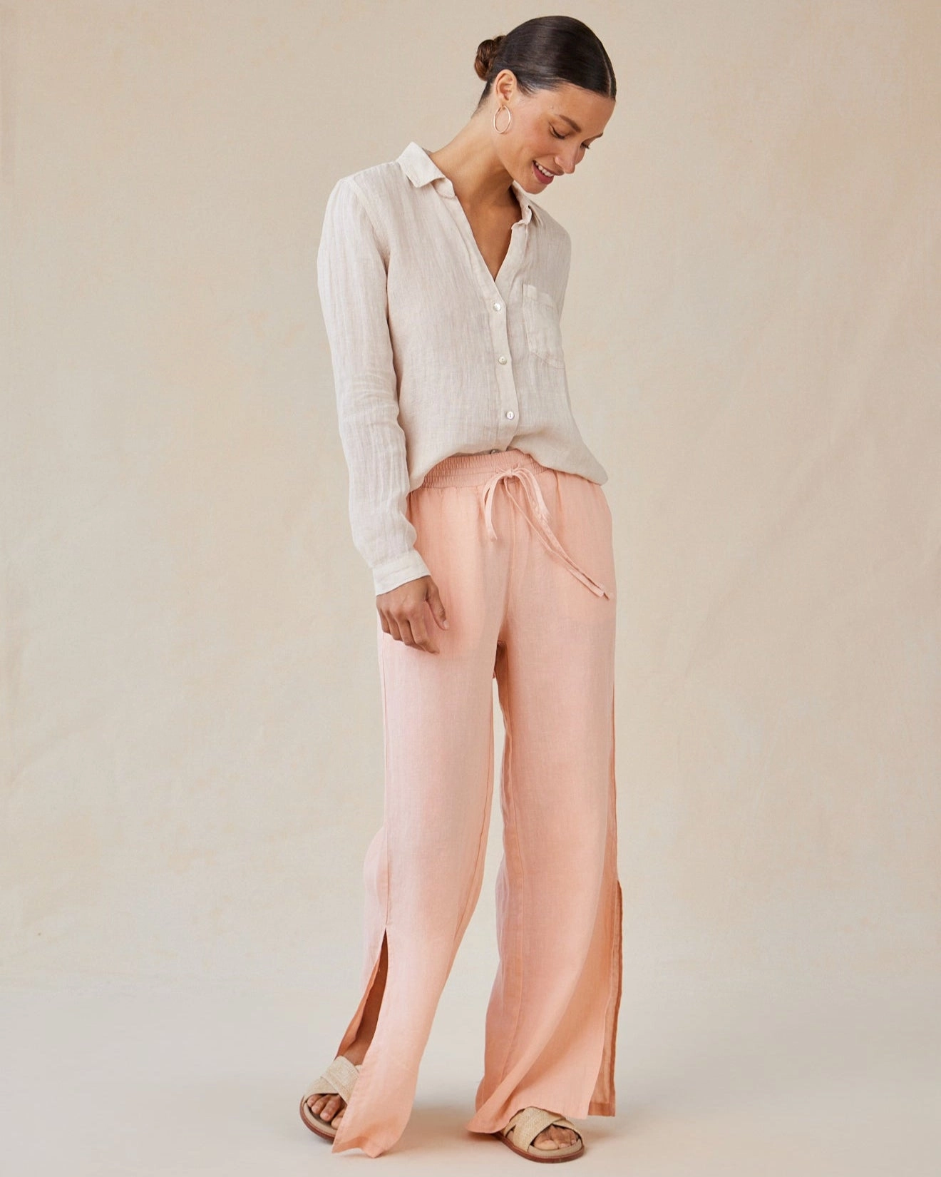 Linen Side Slit Wide Leg Pant - Peach Fizz