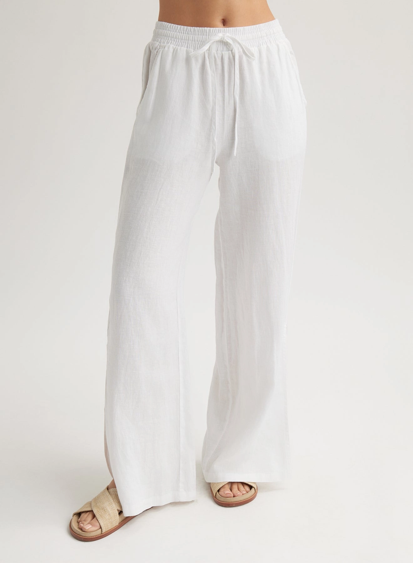 Linen Side Slit Wide Leg Pant - White
