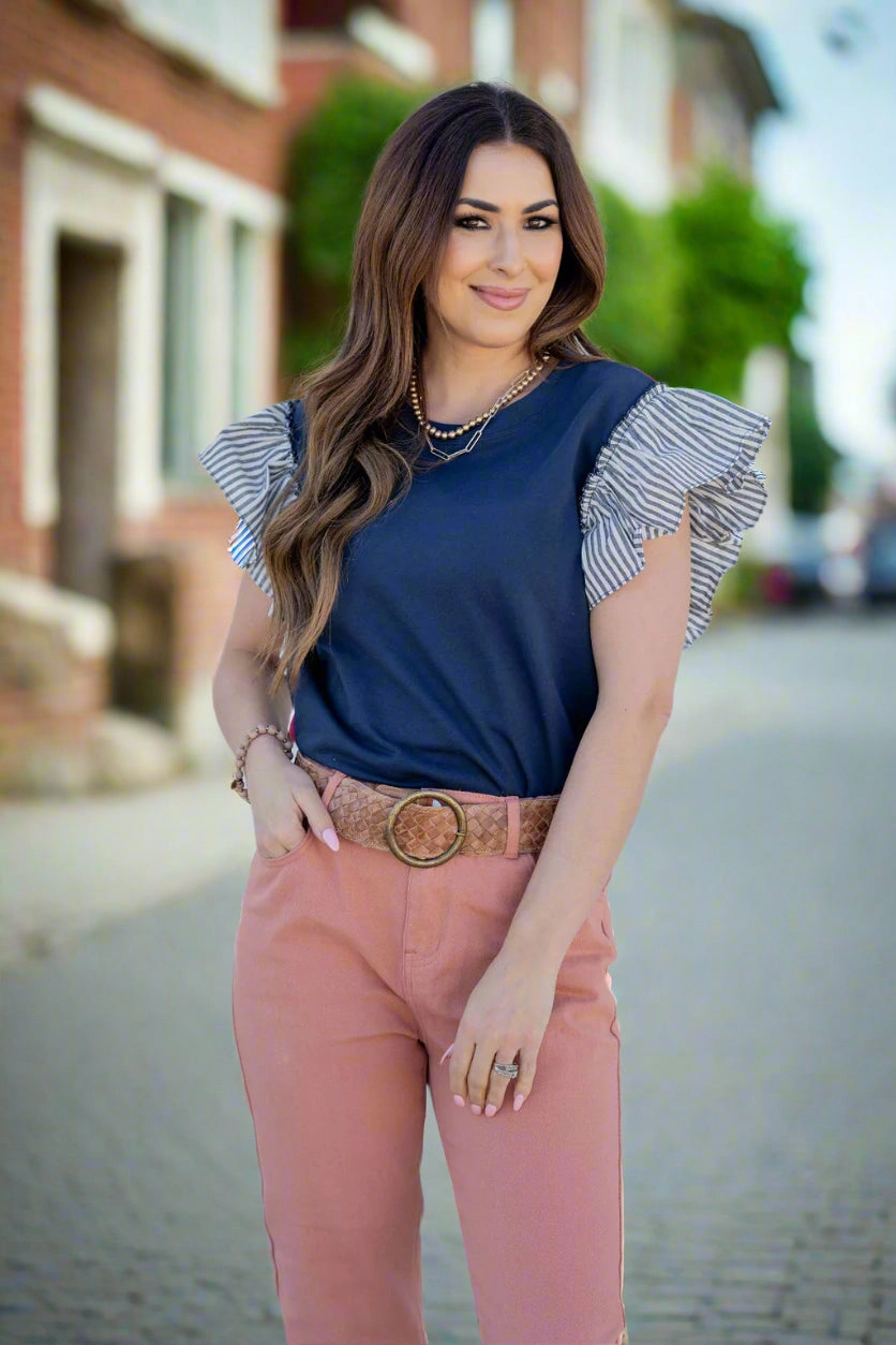 Muted Stripes Ruffle Trim Tee