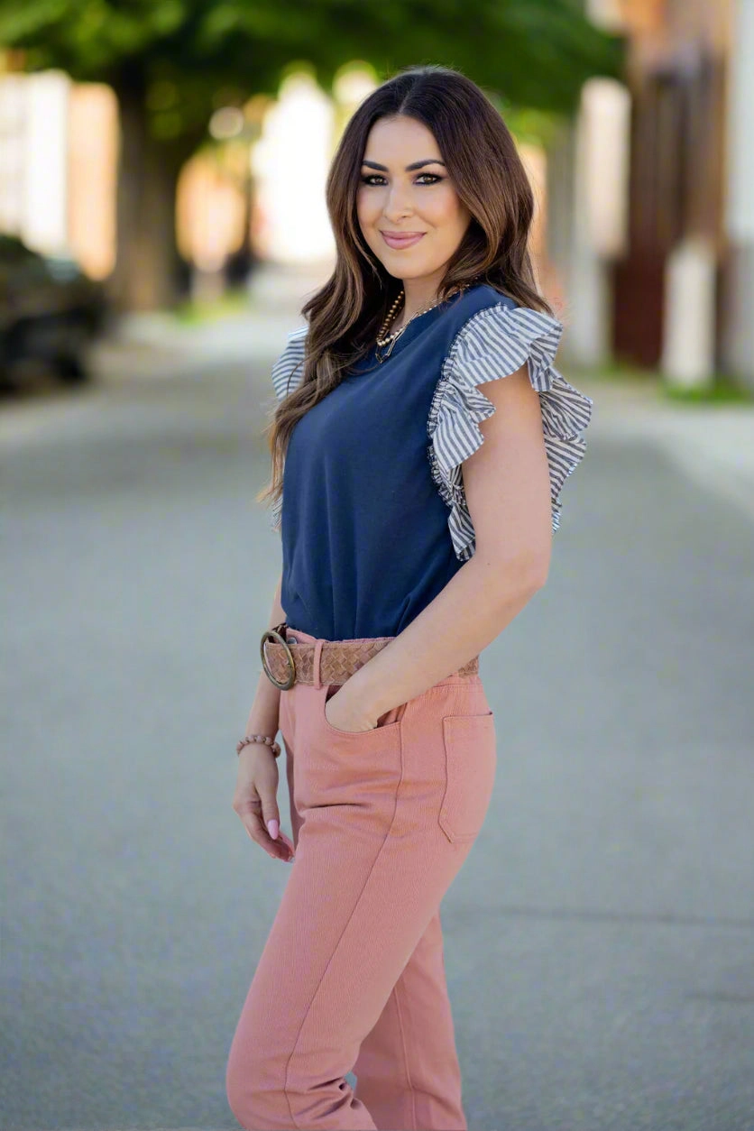 Muted Stripes Ruffle Trim Tee