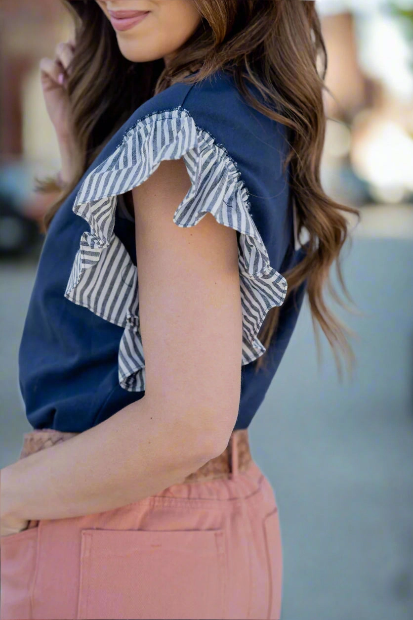 Muted Stripes Ruffle Trim Tee