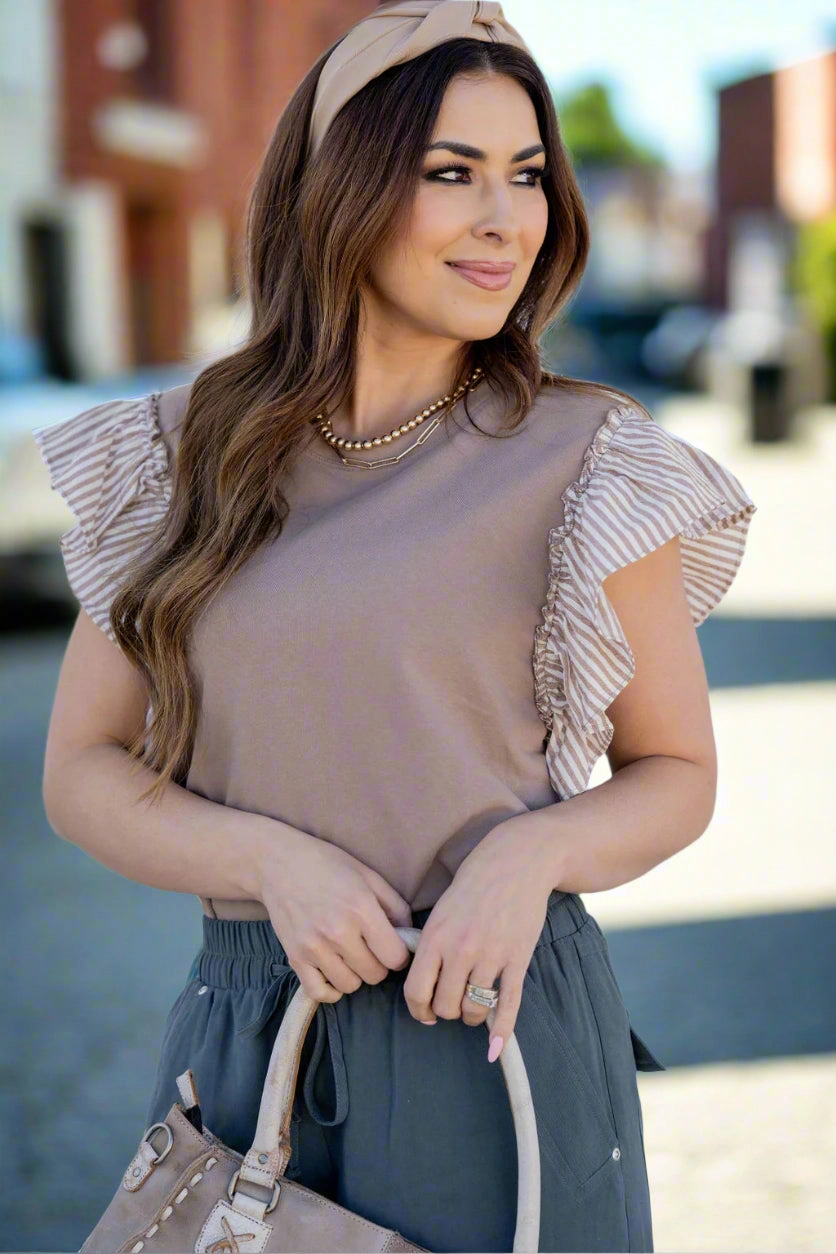 Muted Stripes Ruffle Trim Tee