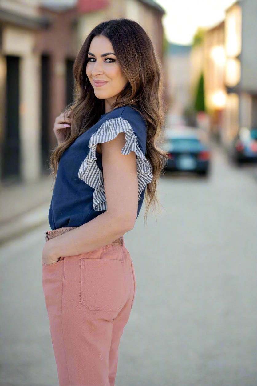 Muted Stripes Ruffle Trim Tee