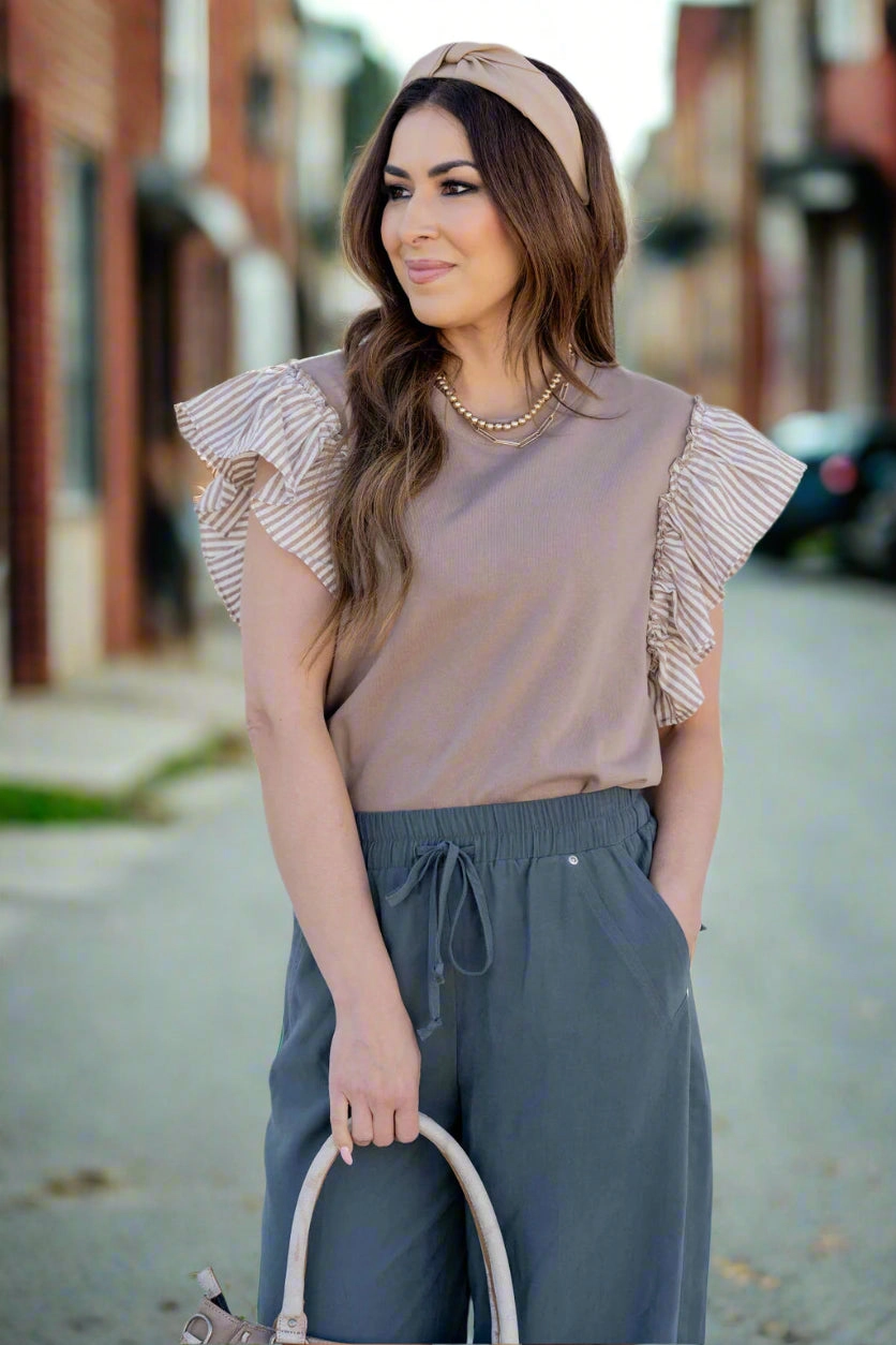 Muted Stripes Ruffle Trim Tee
