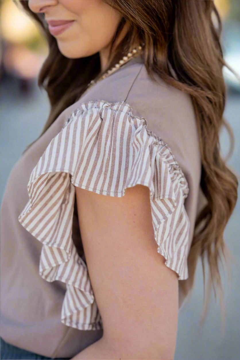 Muted Stripes Ruffle Trim Tee