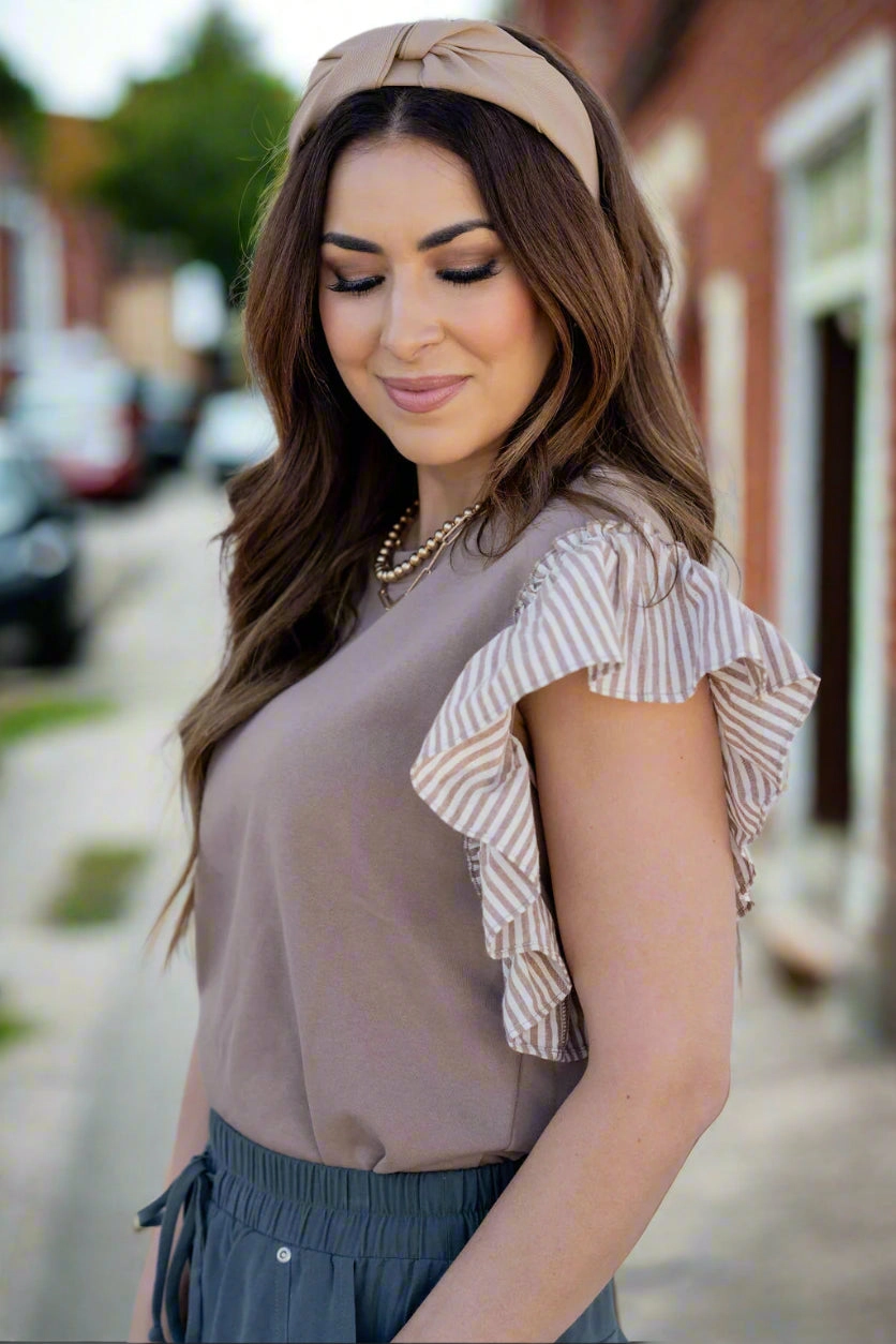 Muted Stripes Ruffle Trim Tee