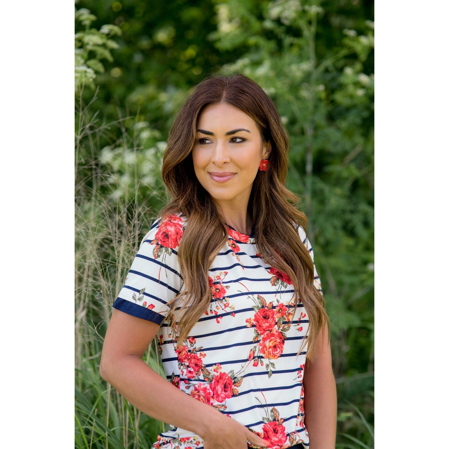 Navy Trimmed Striped Floral Short Sleeve Tee