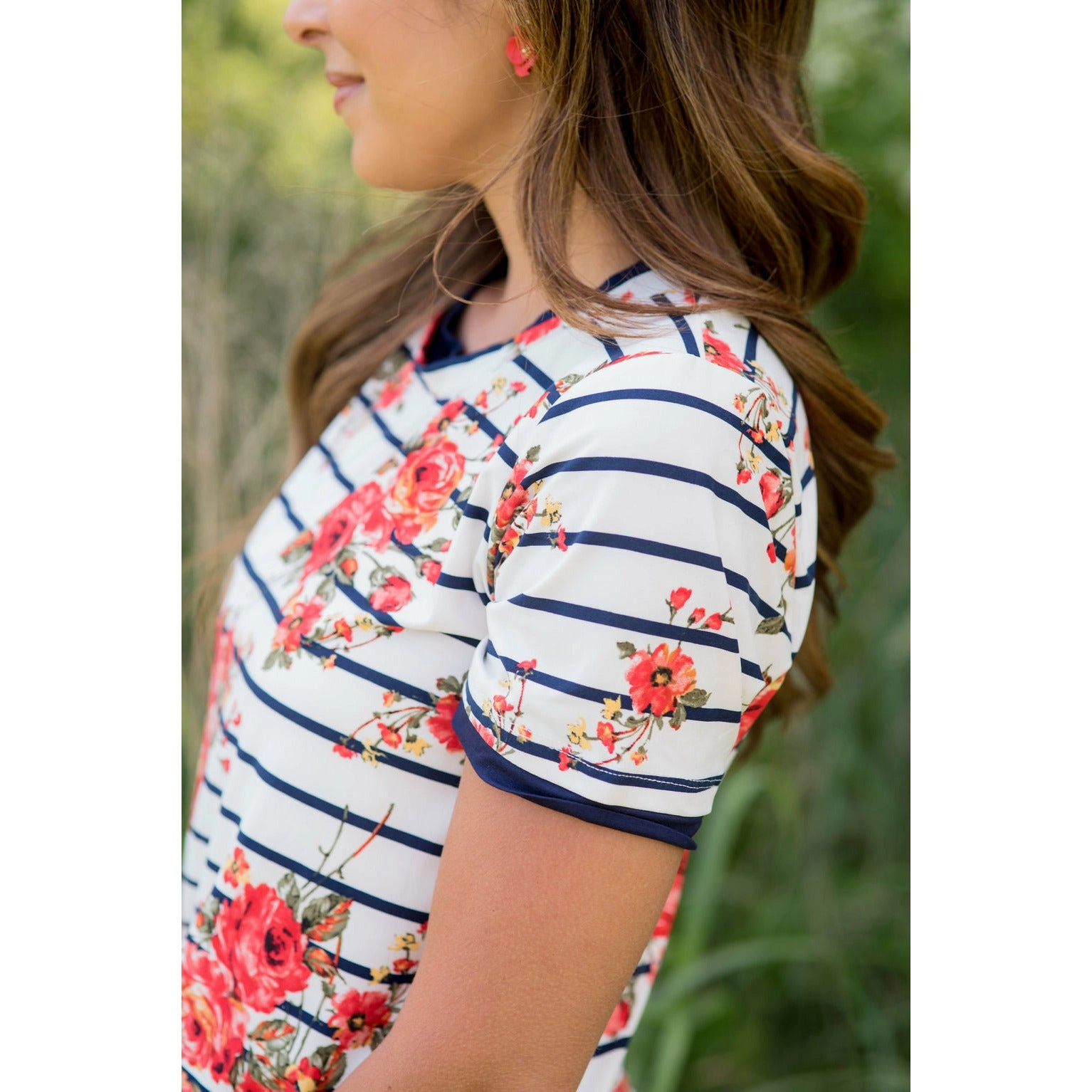 Navy Trimmed Striped Floral Short Sleeve Tee