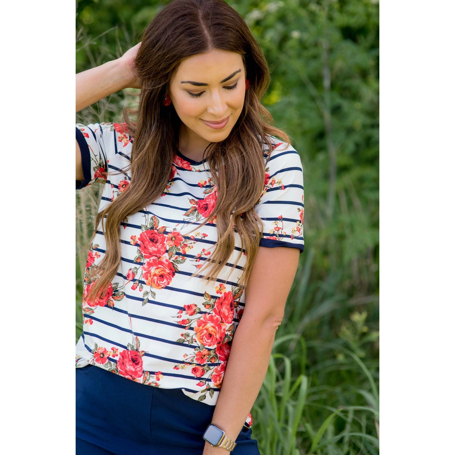Navy Trimmed Striped Floral Short Sleeve Tee