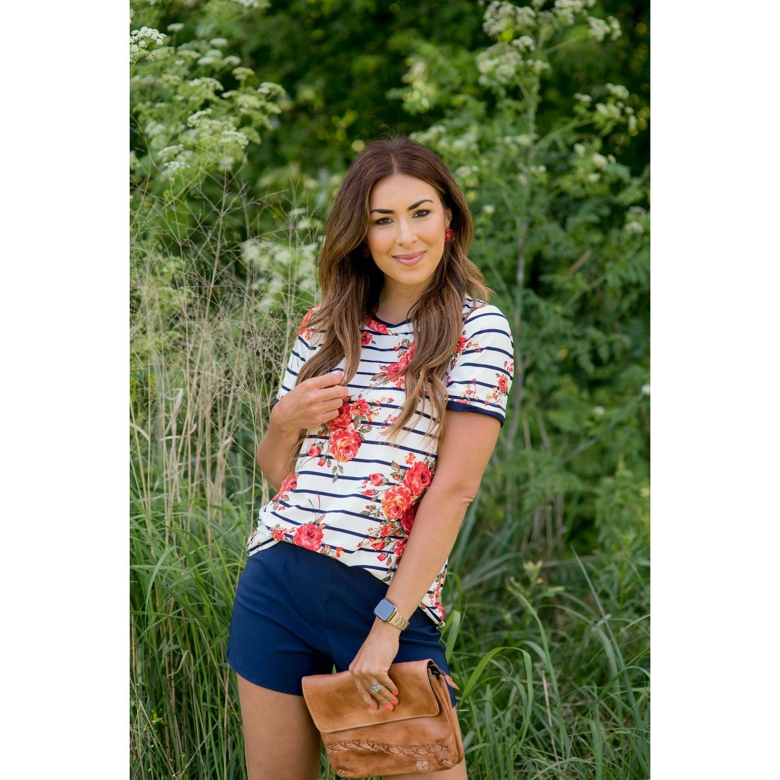 Navy Trimmed Striped Floral Short Sleeve Tee