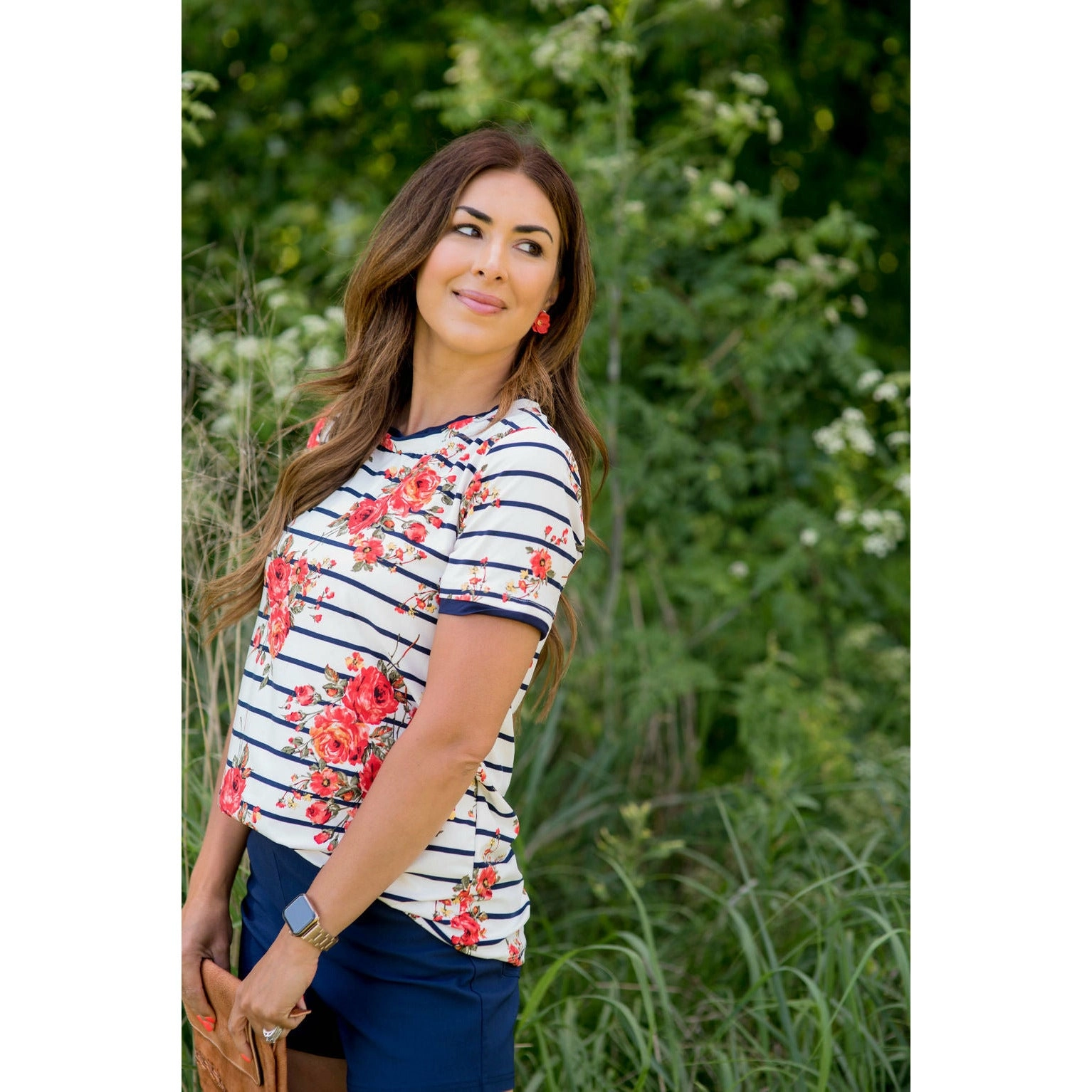 Navy Trimmed Striped Floral Short Sleeve Tee