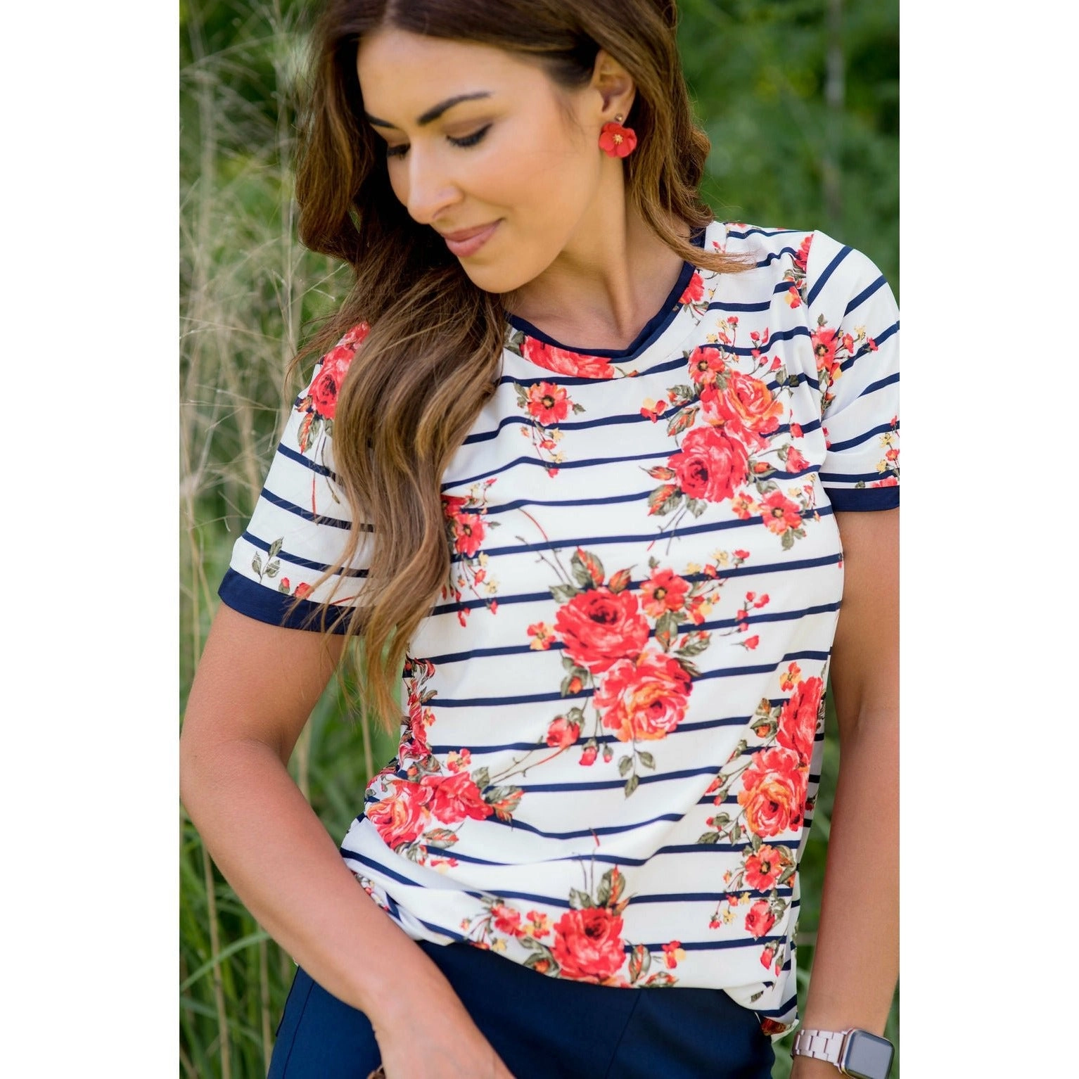 Navy Trimmed Striped Floral Short Sleeve Tee