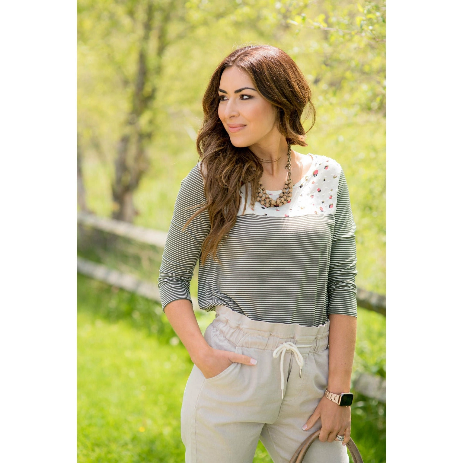 Olive Striped Dotted Bib Tee
