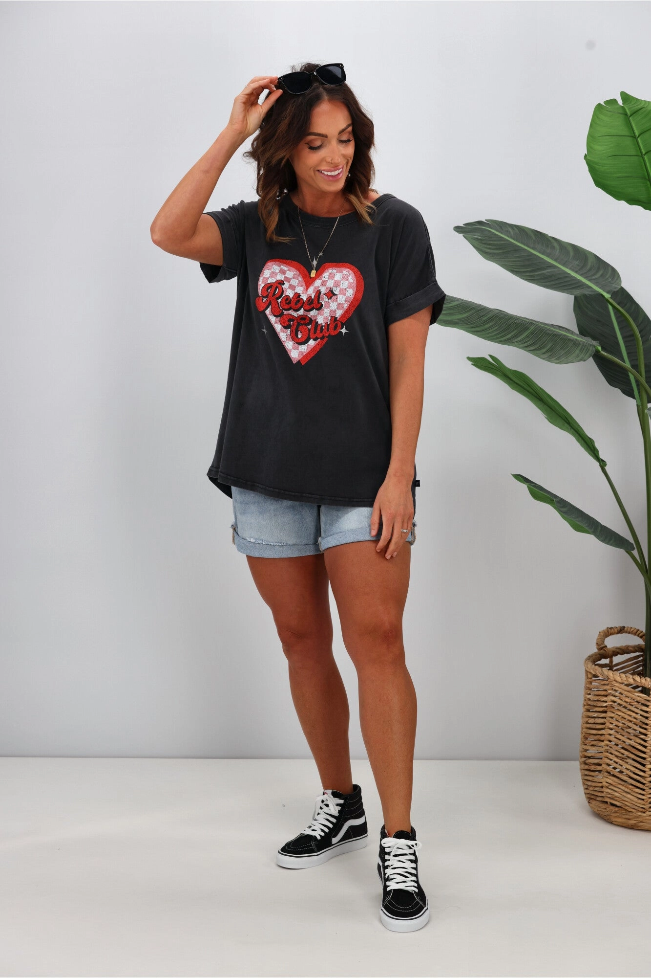 Rebel Club by Shine On Checkered Charm Love Cap Sleeve Tee Acid Black