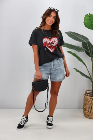 Rebel Club by Shine On Checkered Charm Love Cap Sleeve Tee Acid Black