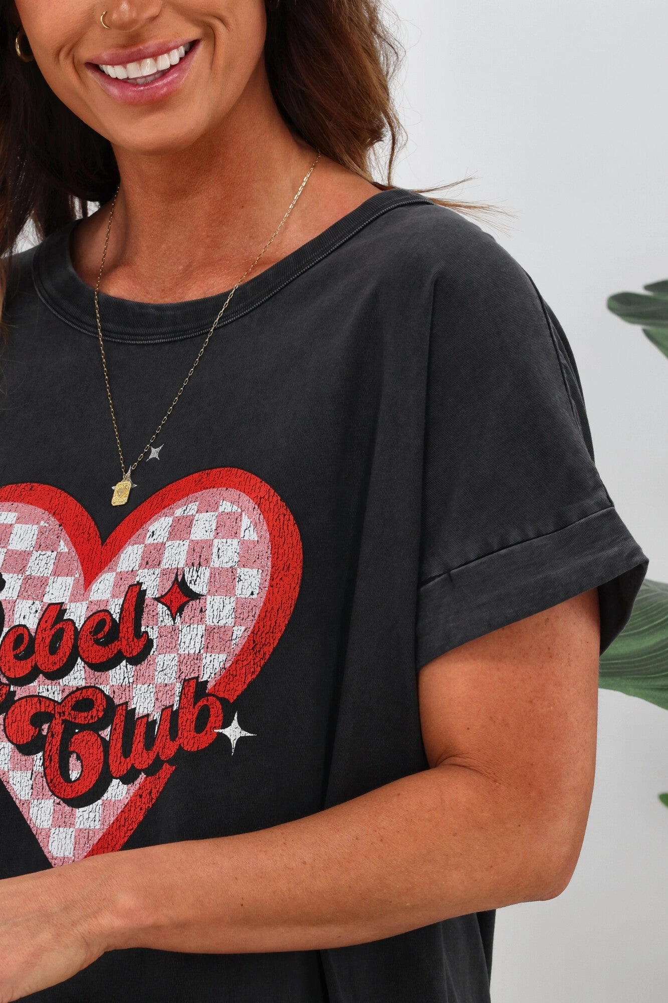 Rebel Club by Shine On Checkered Charm Love Cap Sleeve Tee Acid Black