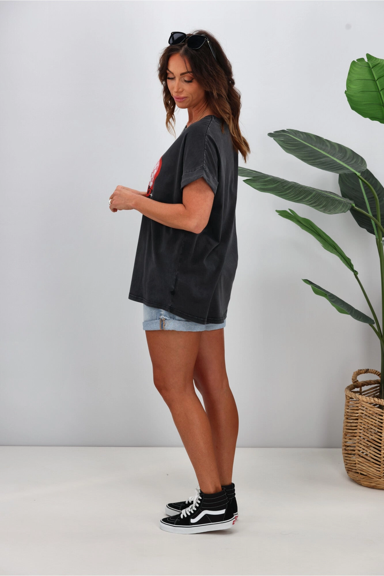 Rebel Club by Shine On Checkered Charm Love Cap Sleeve Tee Acid Black