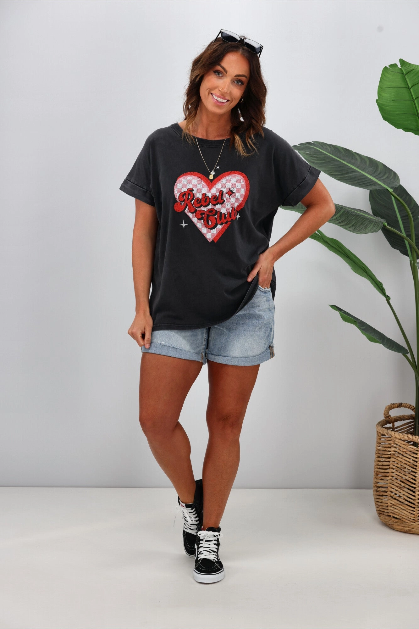 Rebel Club by Shine On Checkered Charm Love Cap Sleeve Tee Acid Black