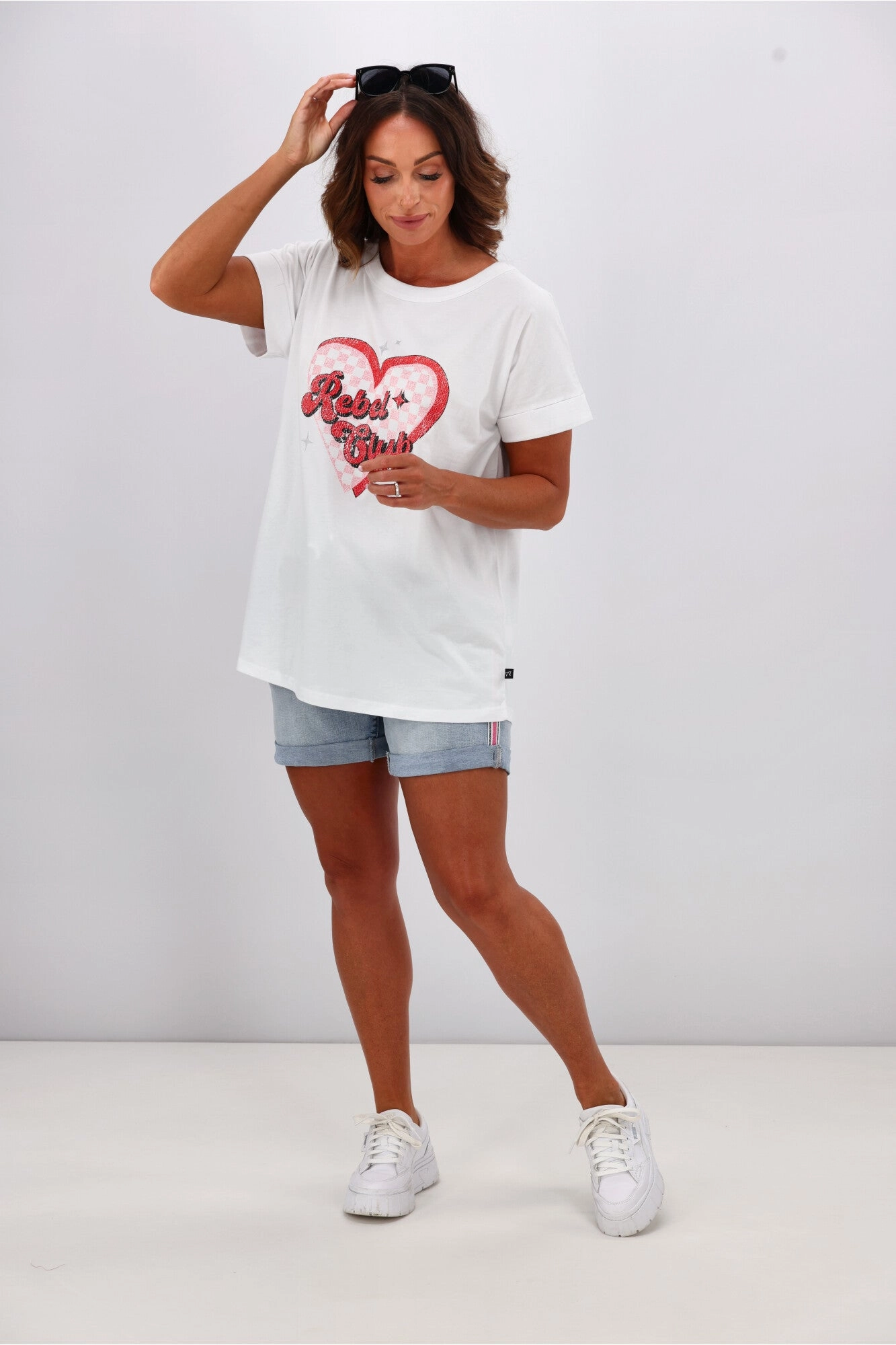 Rebel Club by Shine On Checkered Charm Love Cap Sleeve Tee White