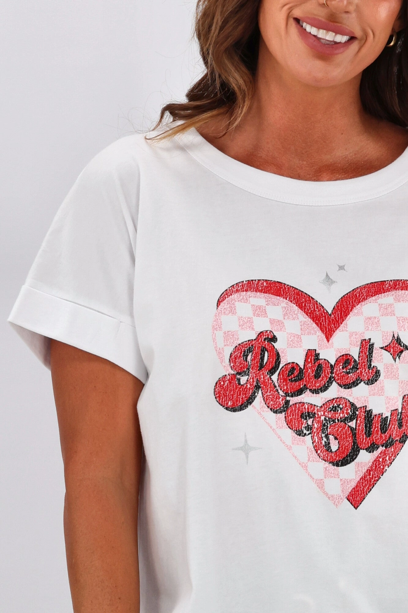 Rebel Club by Shine On Checkered Charm Love Cap Sleeve Tee White
