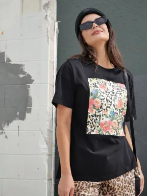 Rebel Club Leopard Dreams Block Boyfriend Tee Black