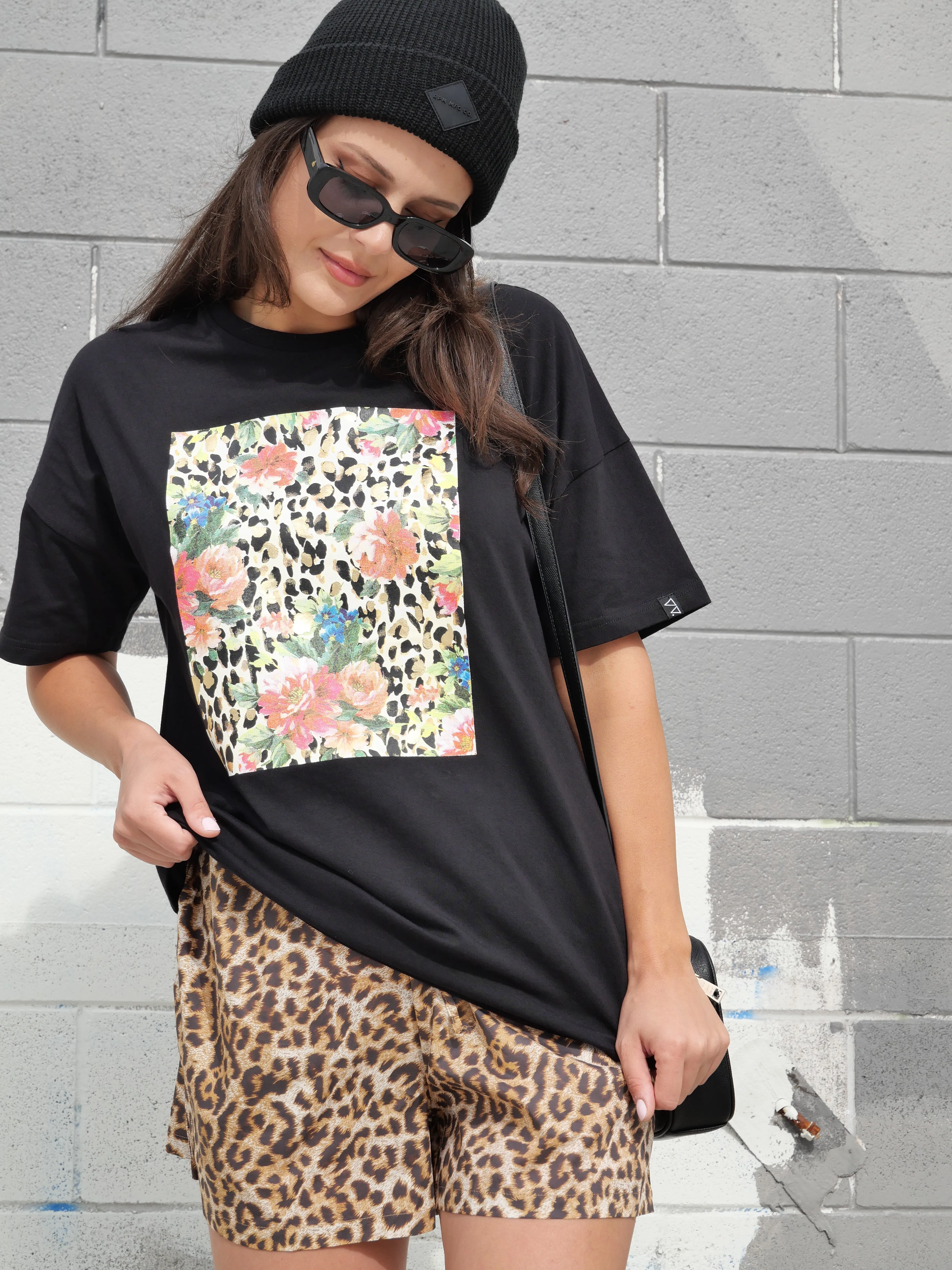 Rebel Club Leopard Dreams Block Boyfriend Tee Black